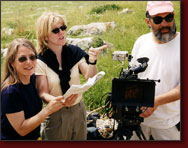 Lyn Goldfarb, Margaret Koval and Director of Photography Michael Chin on location in Arbel National Park, Israel. The Roman Empire in the First Century